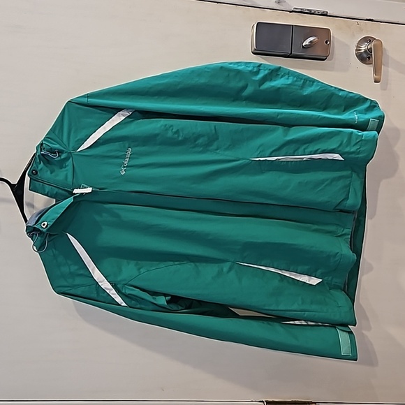 Columbia Green White Midweight Soft Shell Windbreaker Rain Jacket L - Picture 2 of 10